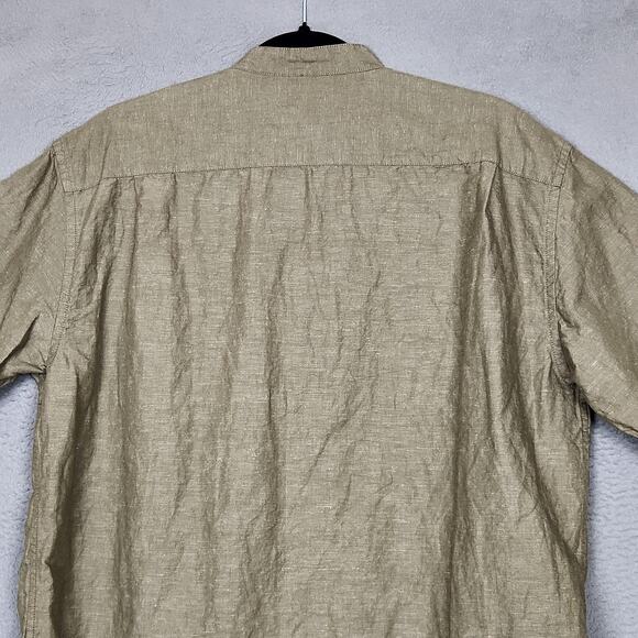 Uniqlo Shirt Mens Medium Green Linen Cotton Band Collar Short Sleeve Button - Picture 7 of 12